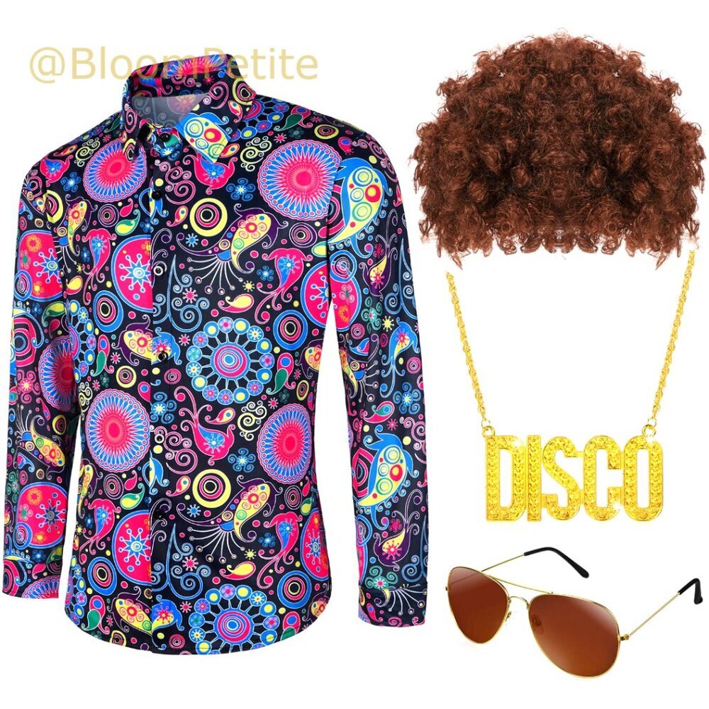 Linen Vintage Shirt Afro Wig Gold Necklace Sunglasses 70s Disco Costume Set